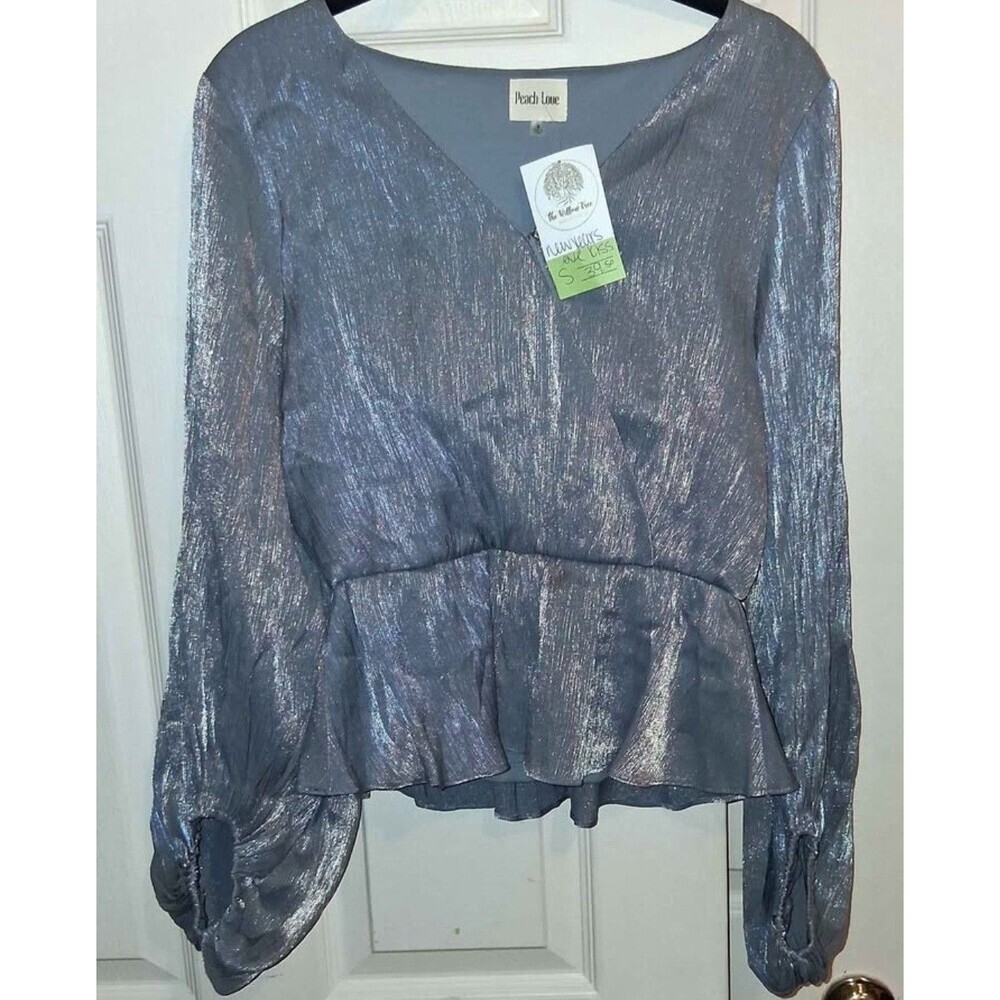 Peach Love Women's Silver Ruffle V-Neck Balloon Sleeve Blouse - Size S